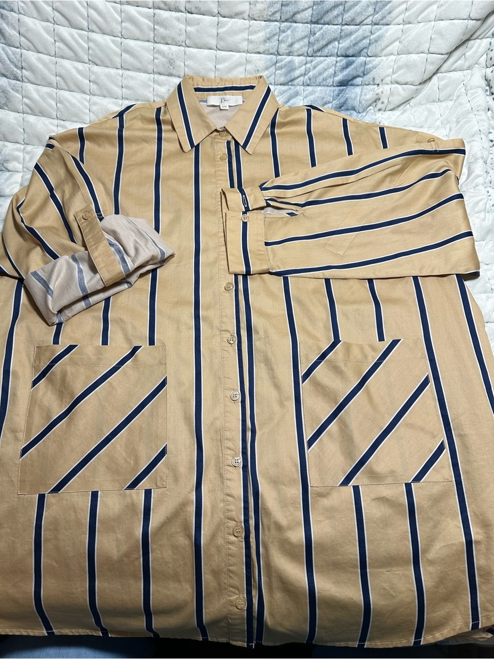 Womens Beige Striped Button-Front Blouse with Navy Accents